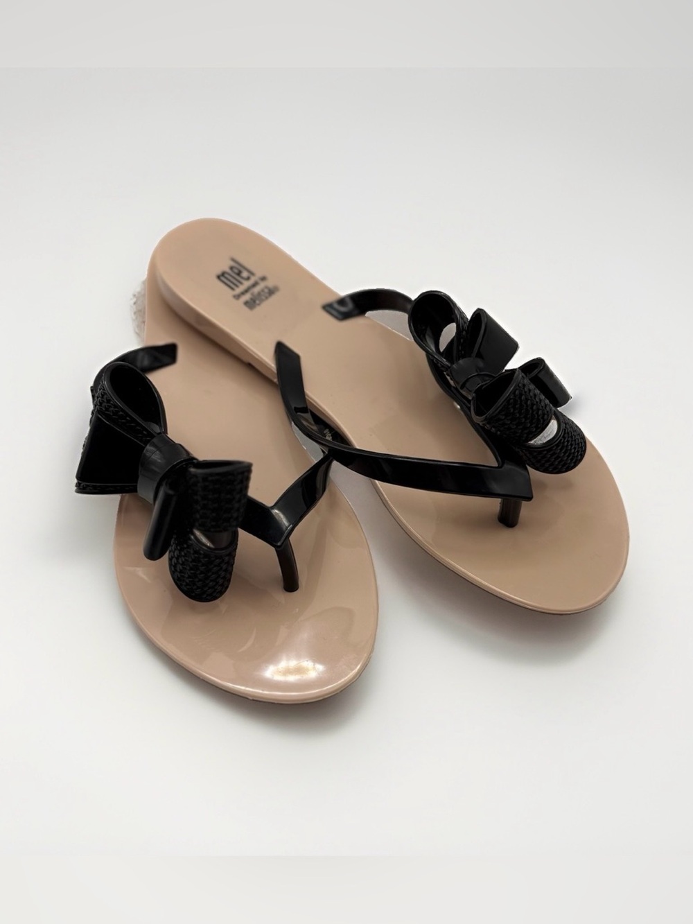 Mini Melissa Girls Black Bow Nude Sandal Flip Flops